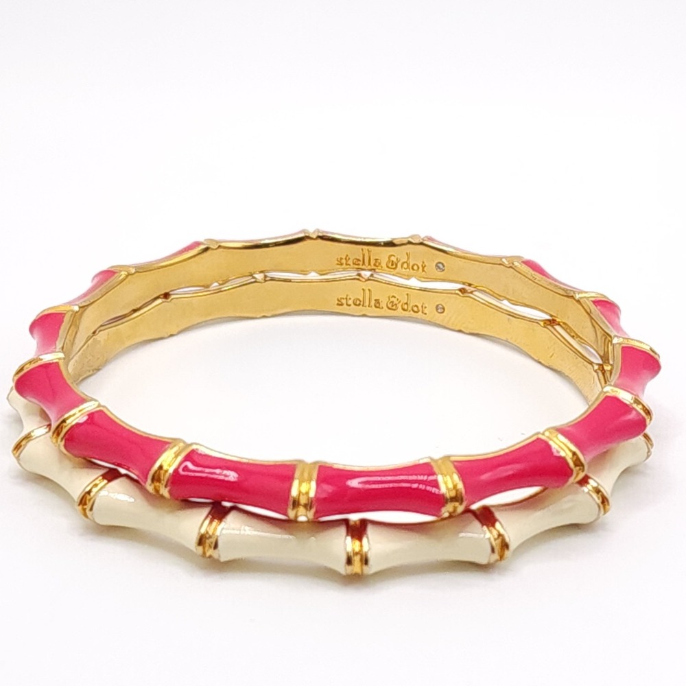 Stella & Dot Julep Bamboo Bangle Bracelets Pink Cream Enamel Gold Tone Set 2 - Picture 10 of 10